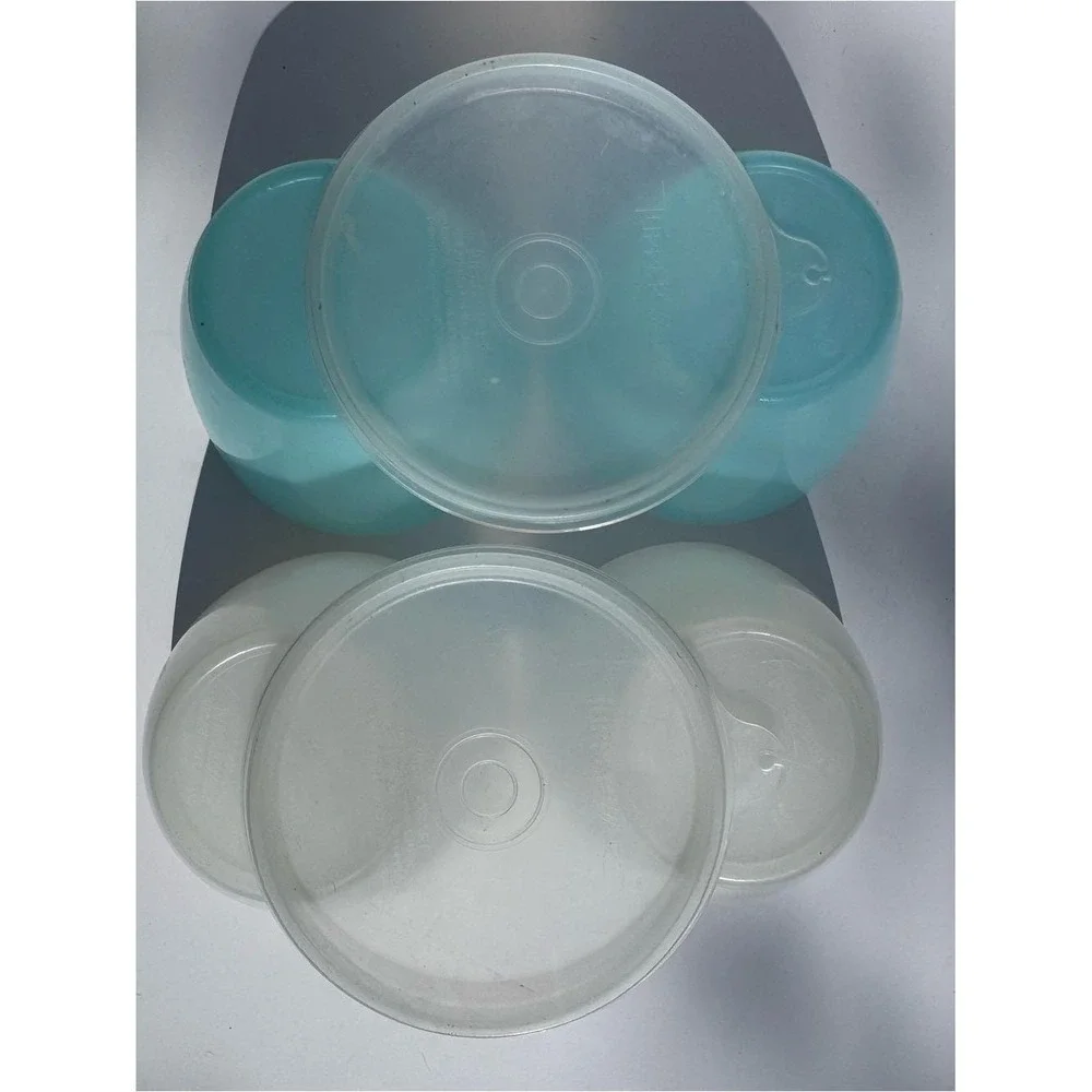 Tupperware Refrigerator Bowls (4) Lids (2) Aqua Blue White Cereal Ice Cream